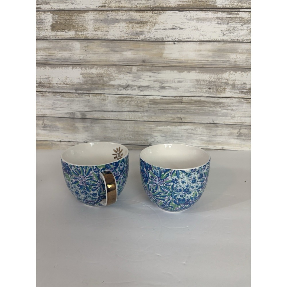 Lilly Pulitzer Set of 2 Ceramic Mugs Coffee Tea Cups Blue Floral Gold Lion 12 oz